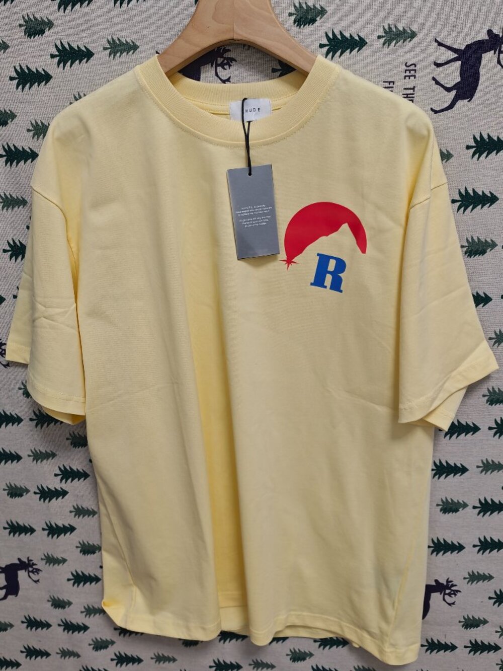 Rhude Cream Yellow Short‑Sleeve T‑Shirt Red Hair Graphic Blue R Logo With Hang T